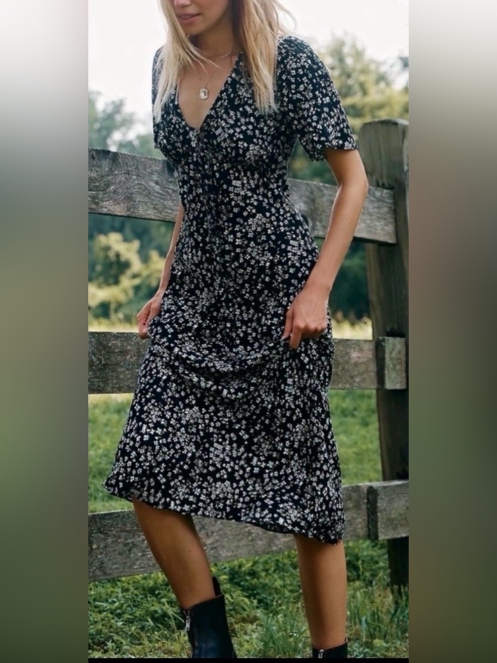 Reformation Black Floral Midi Dress with White Print